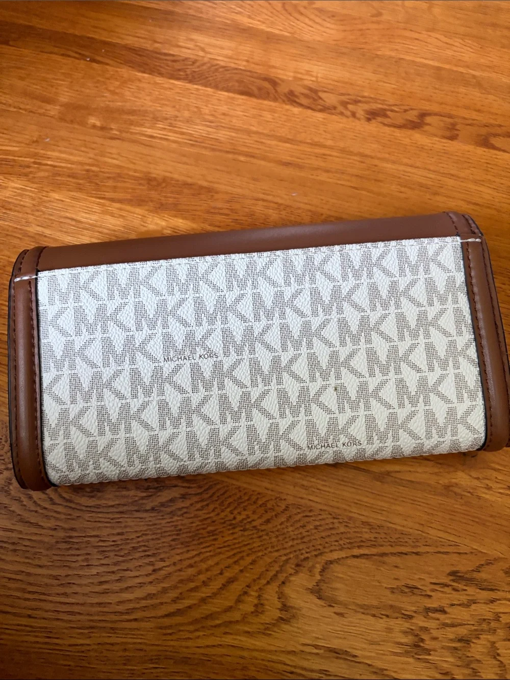 Michael Kors Tan & Beige MK Logo Continental Wallet with Gold Accent